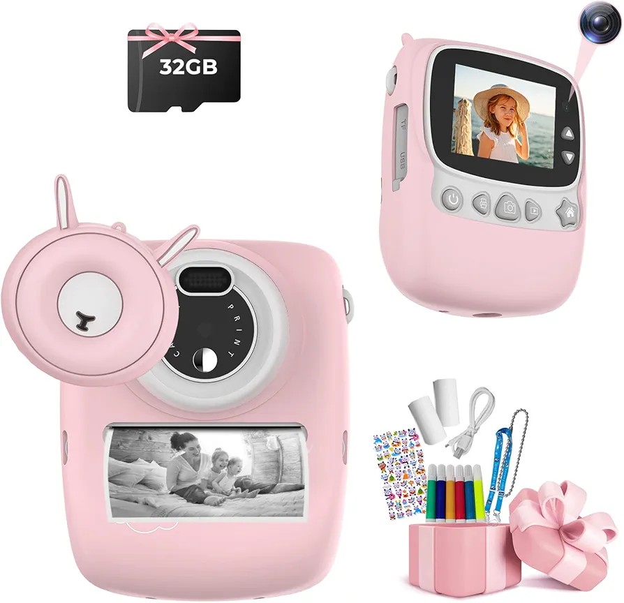 Cámara Infantil, 30 MP, instantánea, impresión en Blanco y Negro, Foto con Pantalla de 1080P de 2,4 Pulgadas, Digital para niños con Tarjeta TF de 32 G, Doble, Rosa