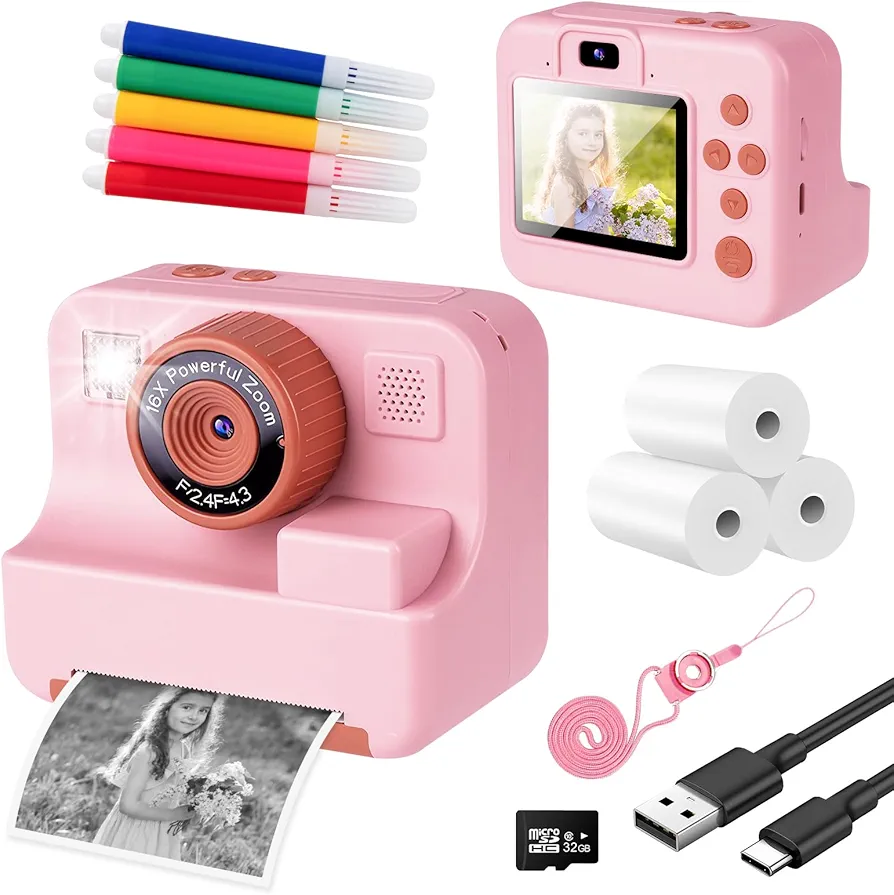 Cámara infantil instantánea – Cámara digital infantil con papel de impresión y tarjeta TF de 32 G – Cámara de vídeo con lápices de colores – Juguete para niños de 3 a 14 años (rosa)