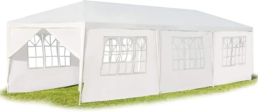 GOPLUS 3x9 m Carpa de Fiesta de Jardín Impermeable, Carpa de Cerveza Lona de PE, con 6 Partes Laterales Desmontables y 2 Puertas con Cremallera, Cuerdas & Estacas al Aire Libre, Blanco