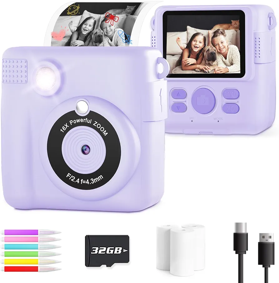 Cámara para niños y niñas, juguete de cámara de impresión instantánea para niños de 3 a 14 años, cámara digital HD 1080P con papel fotográfico, 6 bolígrafos de color, tarjeta SD de 32 GB