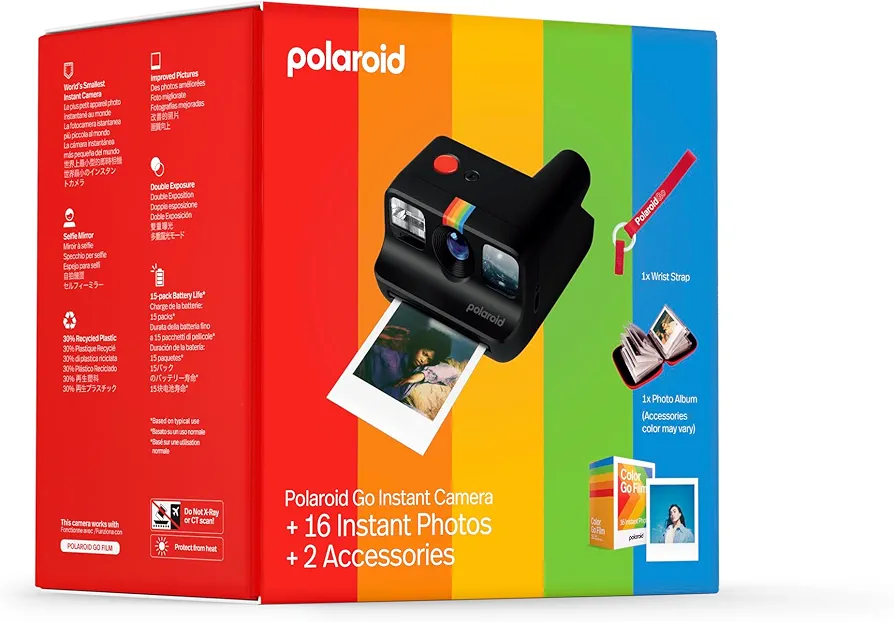 Polaroid Go Generation 2 - Mini cámara instantánea Negra + Paquete de película (16 Fotos Incluidas) y Accesorios Go (álbum de Fotos + Correa de muñeca) - 6541