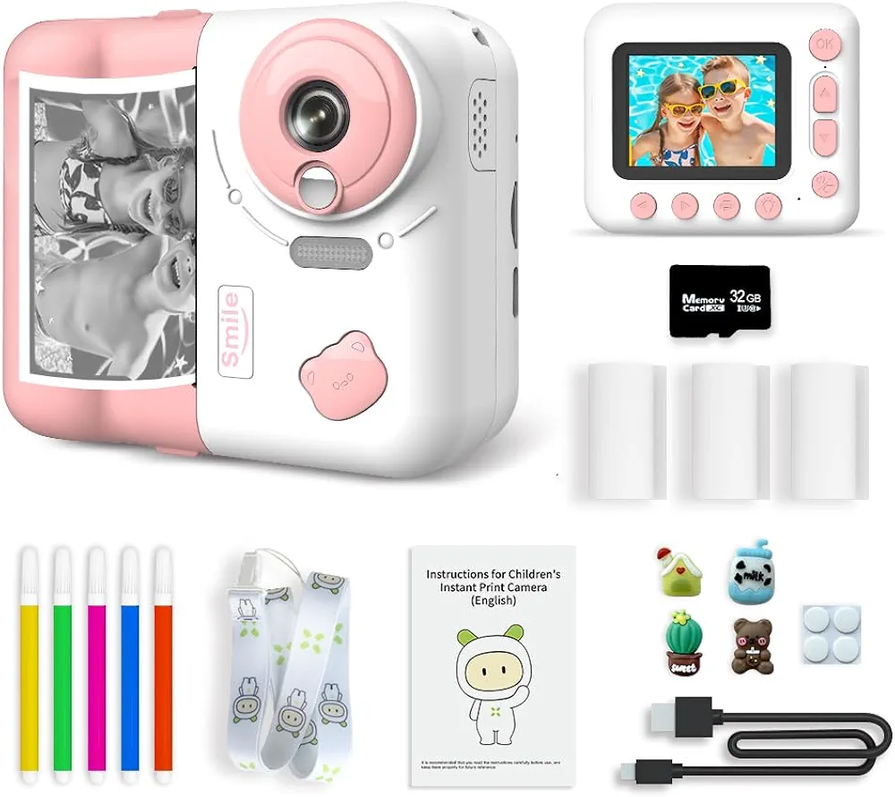 Camara Fotos Infantil instantanea,2,4" HD 1080P Cámara Instantánea para Niños,con Tarjeta de 32G Bolígrafos de Colores y Papel de Impresión,Juegos,Regalo para Niños de 3 a 12 años - Rosa