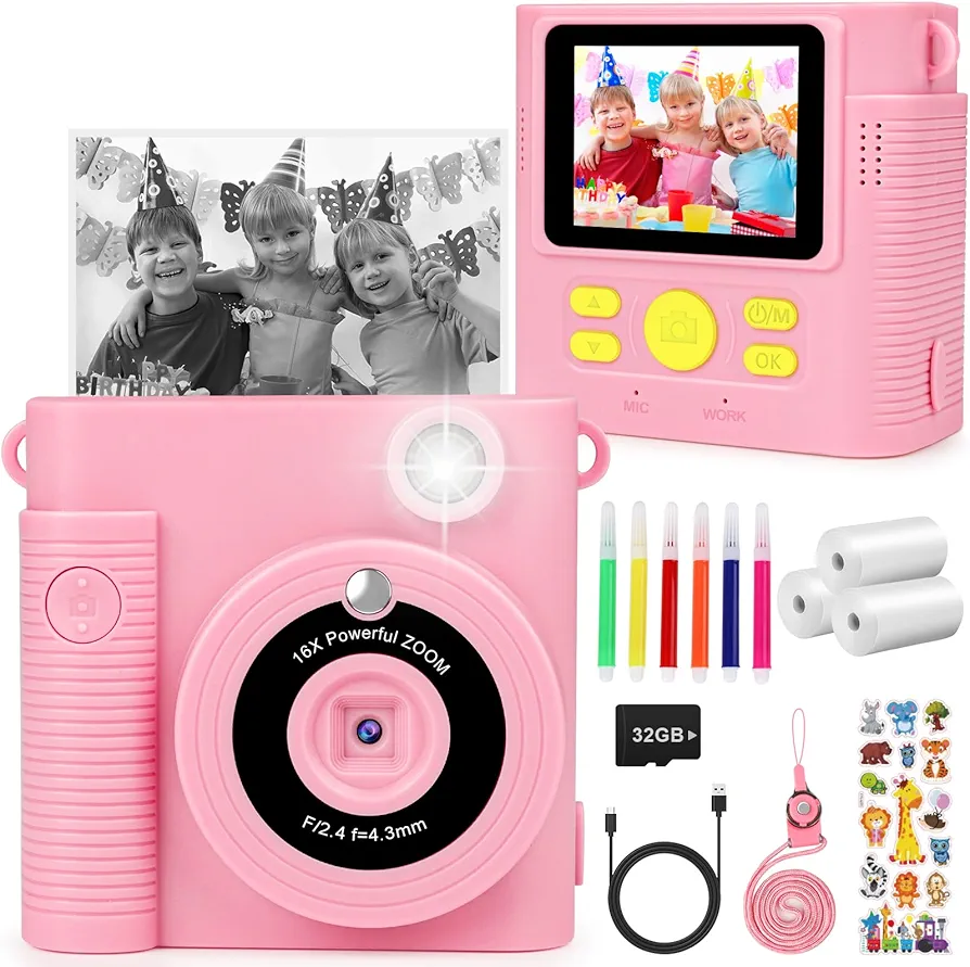 Cámara de Fotos instantánea para niños, 2,4 ’‘ HD 1080P cámara de vídeo, cámara de vídeo en Blanco y Negro con Tarjeta SD de 32G y Papel Fotográfico de Impresión, Regalo para Niños de 3 a 14 años