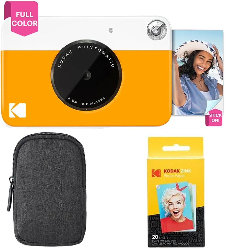 KODAK: Paquete básico de cámara instantánea Printomatic (Amarilla) + Papel Zink (20 Hojas) + Funda cómoda .