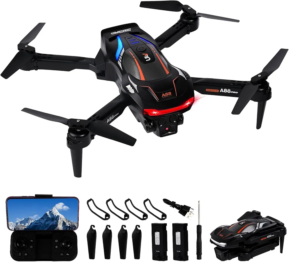 Dron Plegable con Cámara HD 1080P, FPV Wi-Fi Gran Angular 120°, Fácil Despegue/Atterrizaje, Giro 360°, Follow Me, Fotos por Gestos, Doble Cámara, 2 Baterías - Ideal para Niños y Principiantes