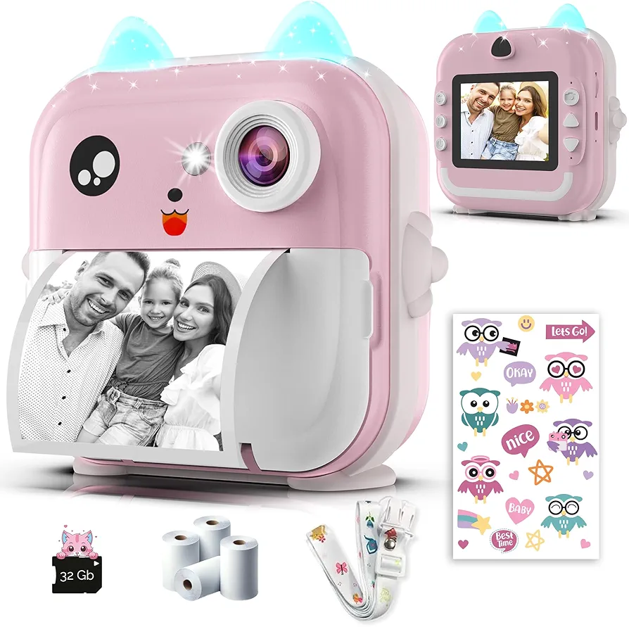 Camara de Fotos Instantaneas - 1080P HD, 48MP, Tarjeta 32G, Bluetooth, App Gratuita, 4 Rollos de Papel, Pegatinas, Filtros Divertidos, Regalo para Niños Y Niñas - Camara Fotos Infantil Rosa 3-12 Años