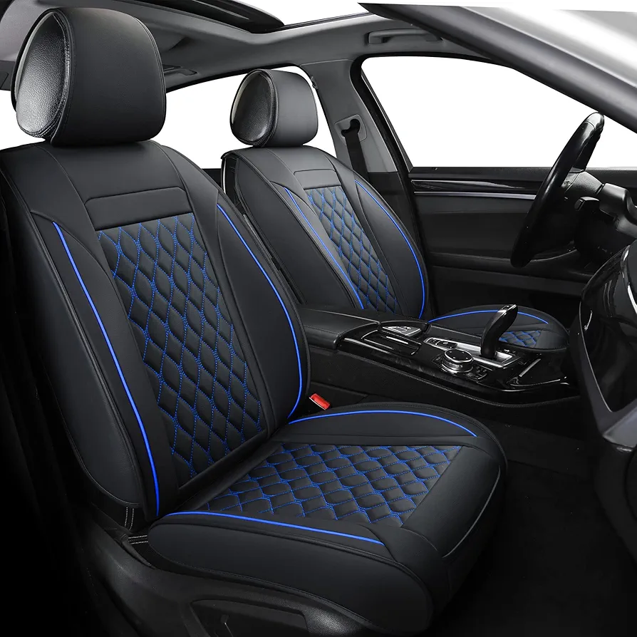 Juego completo de fundas de asiento de coche, ajuste universal para la mayoría de coches, SUV, fundas de cojín de piel sintética para vehículos automotores (juego completo, negro/azul)