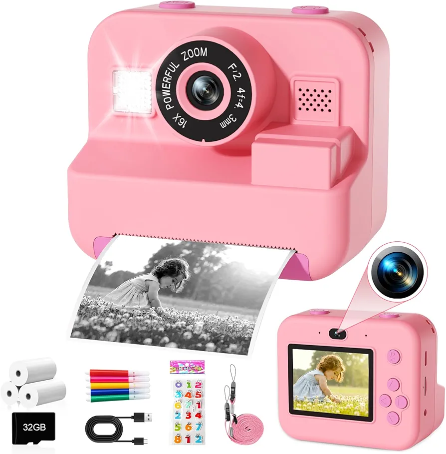 GKTZ Cámara de Fotos Instantáneas - Doble Cámara Fotos Infantil con Papel de Impresión y Tarjeta SD de 32G, Regalo para Niños de 3 a 14 años (Rosa)