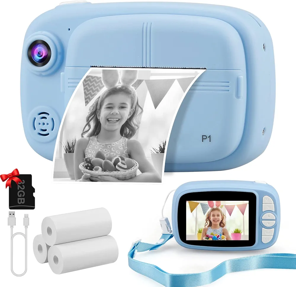 Misilmp Cámara Instantánea Niños, 3,5" 1080P Cámara Fotos Infantil con 4 Rollos de Papel de Impresión y Tarjeta SD de 32GB, 12MP Instantáneas Cámaras Niña para 3 a 14 Años Regalos Juguete (Azul)