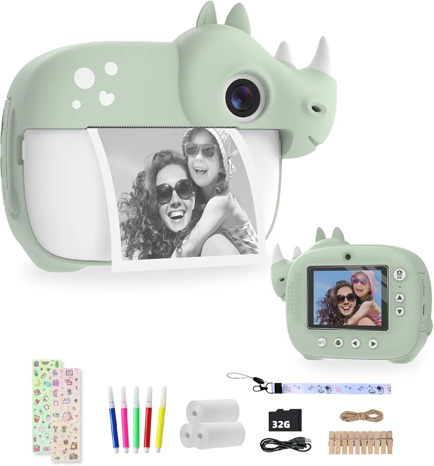 CAMCLID Camara Fotos Infantil Instantanea, Cámara de Fotos Instantáneas para Niños con Tarjeta de 32G y Accesorios de Cámaras, 20MP/1080P HD Cámara Digital, Regalos para Niños y Niñas (Verde)