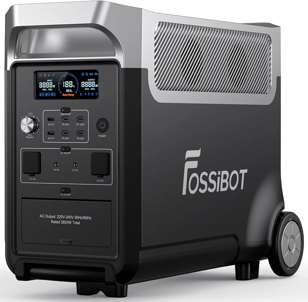 FOSSiBOT F3600 Pro Estacion de Energia Portatil, Batería LiFePO4 de 3840 Wh, Ampliable Hasta 11,52 kwh, Salida de CA de 3600 W, Entrada solar de 2000 W, Generador Solar Portatil el Acampada, camping