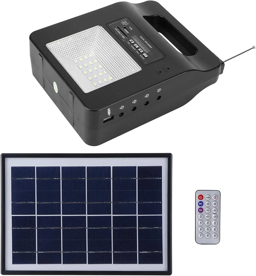 Generador Solar Estación de Energía Portátil Generador de Batería Portátil con Generador Solar con Altavoz FM Cargador USB Bombilla de Panel Solar para Acampar Al Aire Libre Viajes Emergencia