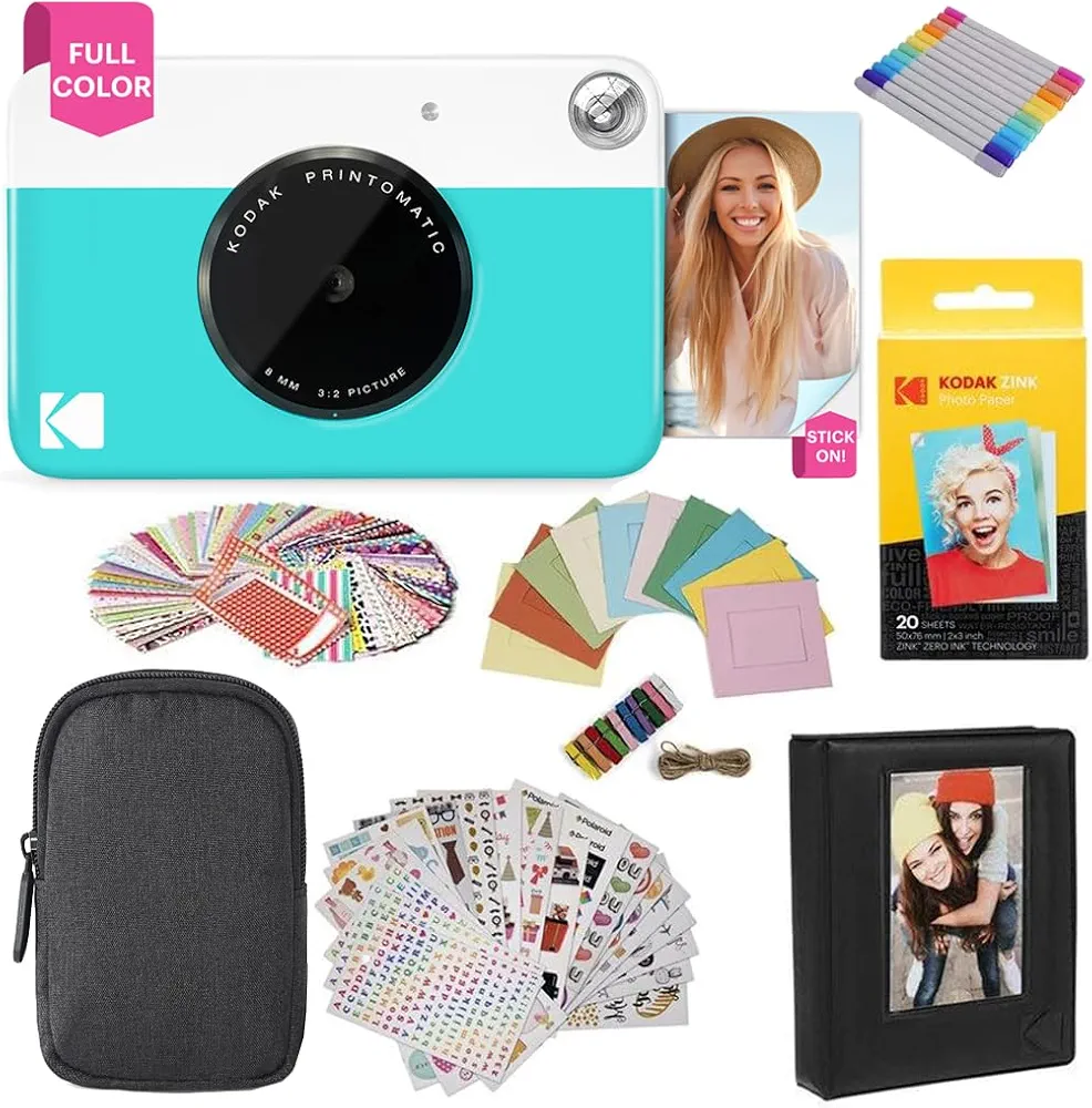 KODAK Printomatic Cámara instantánea (Azul) Paquete de Regalo con Papel fotográfico Zink (20 Hojas) y más