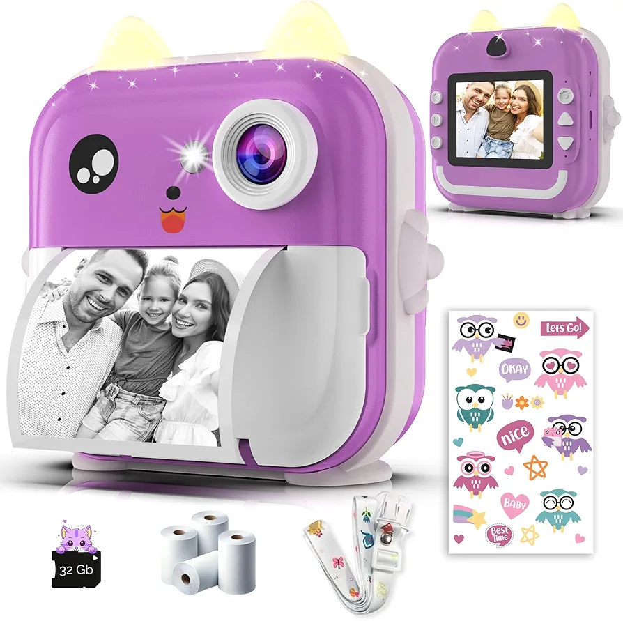 Camara de Fotos Instantaneas - 1080P HD, 48MP, Tarjeta 32G, Bluetooth, App Gratuita, 4 Rollos de Papel, Pegatinas, Filtros Divertidos, Regalo para Niños Y Niñas - Camara Fotos Infantil 3-12 Años