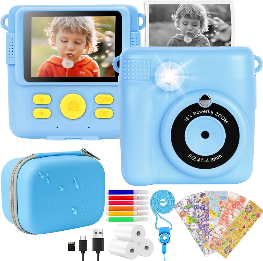 Camara Instanea para Niños con Pantalla 2,4" - Camara Fotos con Caja de Almacenamiento Tarjeta SD de 32GB Bolígrafos de Colores y Papel de Impresión,Regalos Juguete para Niño y Niña 3 a 12 Años(Azul)