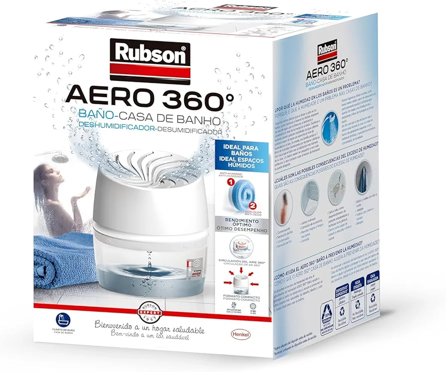 Rubson AERO 360º Baño, deshumidificador portátil sin cable para baño, absorbe humedad para la circulación del aire, disipador de condensación antihumedad, dispositivo y tableta (450 g)