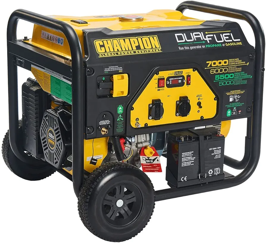 Grupo electrógeno portátil Champion Power Equipment Gasolina + Gas (7000 vatios, generador con arranque eléctrico y bastidor tubular de acero, 74 dB(A), para camping + exteriores) CPG7500E2-DF-EU