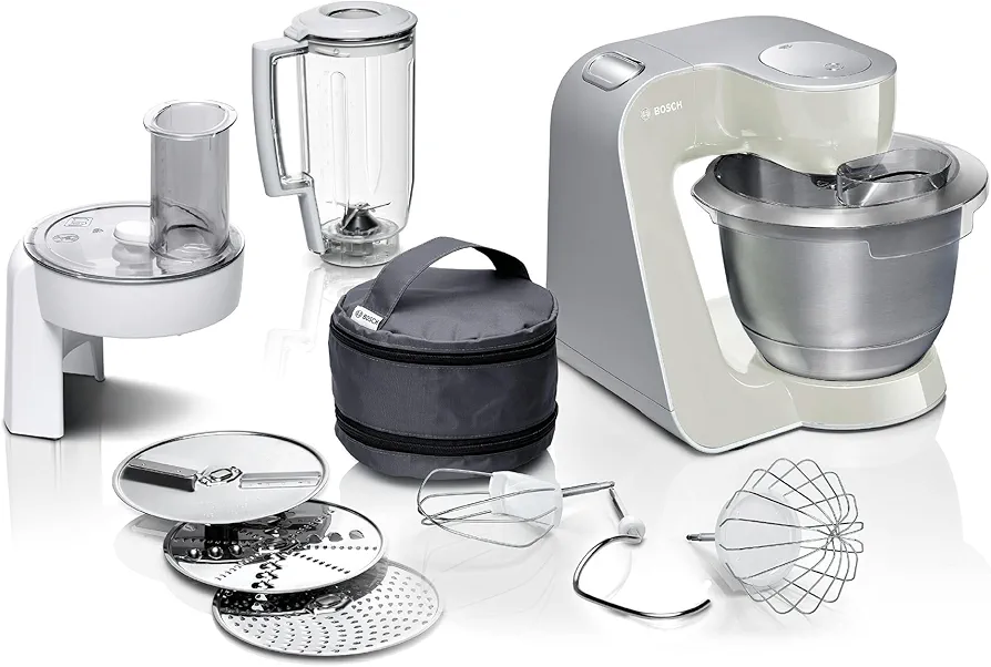 Bosch Hogar Robot de cocina con accesorios, 1000 W, 3.9 litros de capacidad, Color Gris/Plata, 27.1 cm L x 28.2 cm W x 28 cm H