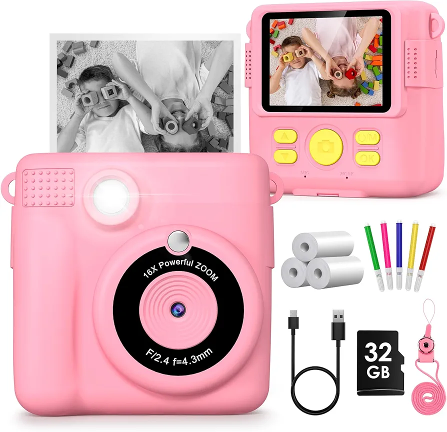 Gofunly Camara Fotos Infantil Instantanea, 2,4 Pulgada HD 1080P Camara Fotos Infantil con Tarjeta de 32GB y Papel de Impresión, Selfie Video Cámara Instantánea para Niños de 3 a 12 Años,Regalo Juguete