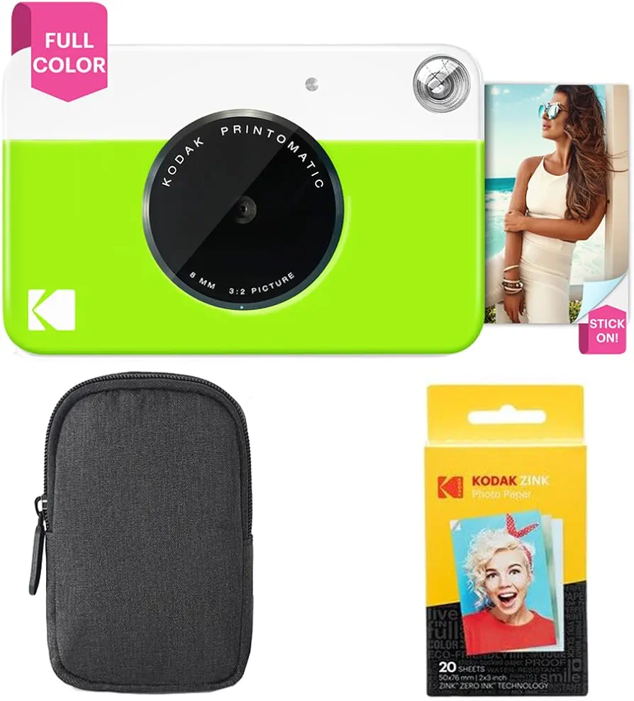 KODAK: Paquete básico de cámara instantánea Printomatic (Verde) + Papel Zink (20 Hojas) + Funda cómoda .