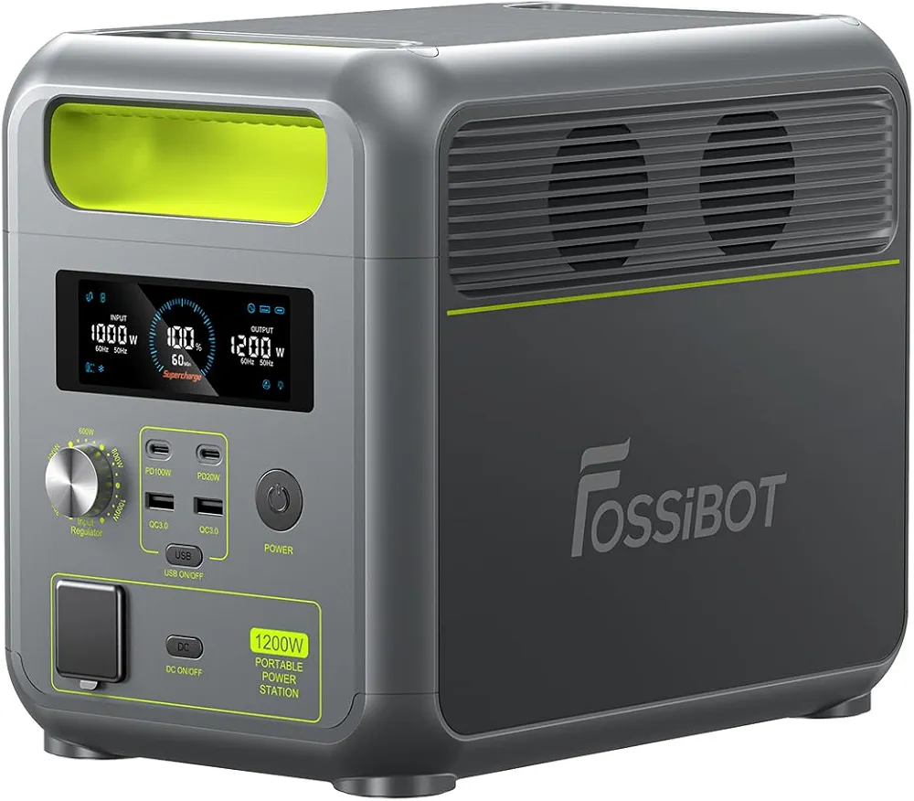 FOSSiBOT Estacion de Energia Portatil F1200, 1024Wh LiFePO4 Batería con 2 Salidas AC 1200W (2400W Pico)，0-80% en 49 Min, Estación de Energía Solar Para Camping, Viajes, Cortes de Electricidad