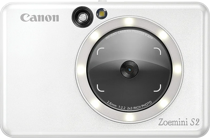 Canon Zoemini S2 + Papel fotográfico 10 Hojas, Cámara Fotográfica Instantánea, Impresión Zink sin Tinta sobre Papel Térmico, 8 MP, Bluetooth Compatible con Smartphones, Ranura Micro SD, Blanca