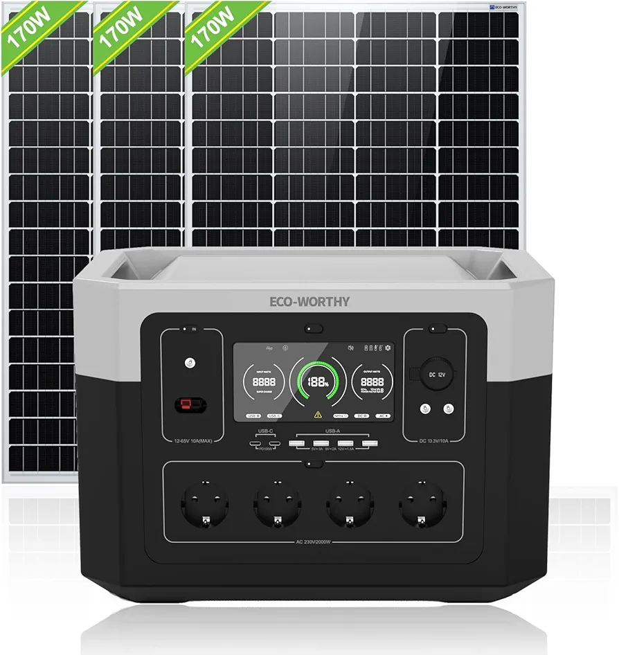 ECO-WORTHY Generador Solar Portatil 2000W 1920Wh Generador Electrico con Panel Solar de 510W, Batería LiFePO4 de 48V 40Ah, Potencia de Hasta 4000W, Generadores con 12 Tomacorrientes para Camping RV