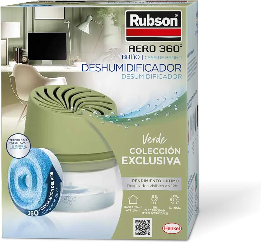 Rubson AERO 360º Deshumidificador portátil antihumedad Edición Limitada Color Verde Oliva (1 aparato y 1 tableta 450 g), absorbe humedad que previene la condensación