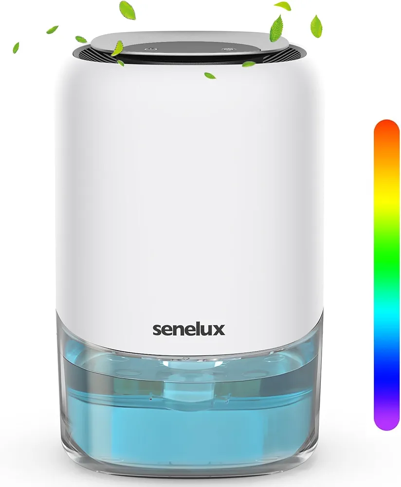 Senelux Deshumidificador eléctrico de 1100 ml para el hogar húmedo con 7 luces coloridas, deshumidificador pequeño portátil de apagado automático para secar ropa, dormitorio, molde, armario