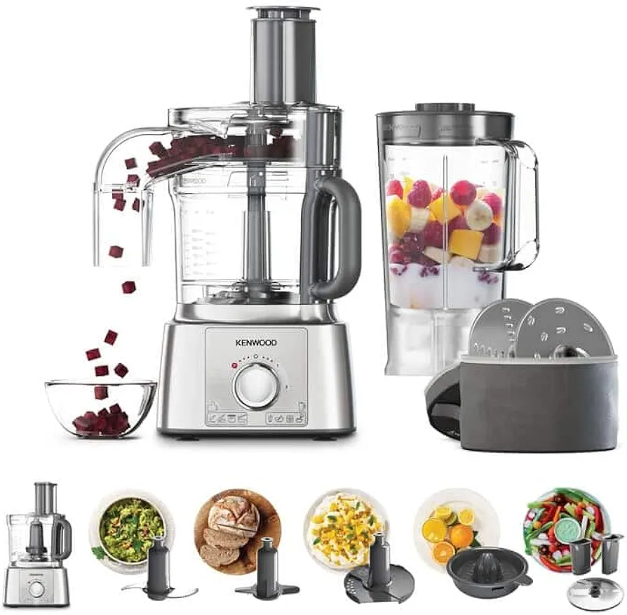 Kenwood MultiPro Express FDP65.820SI - Procesador de Alimentos 1000 W (bol de 3 L, batidora de vaso de 1.5 L, exprimidor, accesorios de corte, accesorios Express Serve y Express Dice)