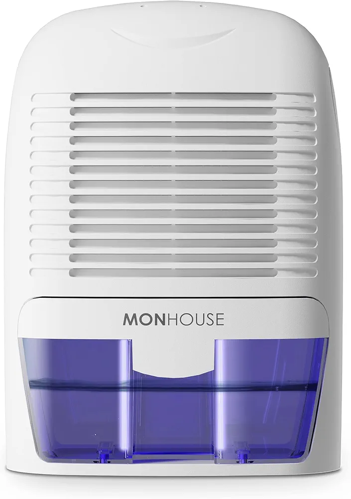 MONHOUSE Deshumidificador 1500ml Portatil, Compacto Y Silencioso - Mini Deshumidificador De Aire para El Hogar, Oficina, Garaje, Caravana Y Sotano - Eliminador De Moho Electrico - Blanco Y Morado