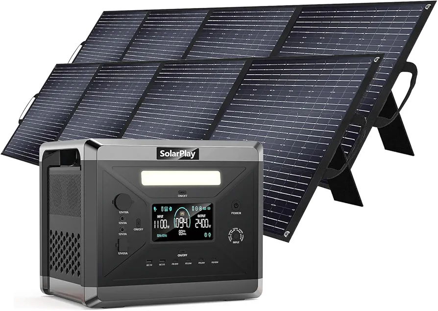 SOLARPLAY Estación de energía portátil estación de carga 2400w, 2160wh generador solar con 2 * 200W panel solar, con 12 conexiones de salida, generador de energía para camping, con 5 años de garantía