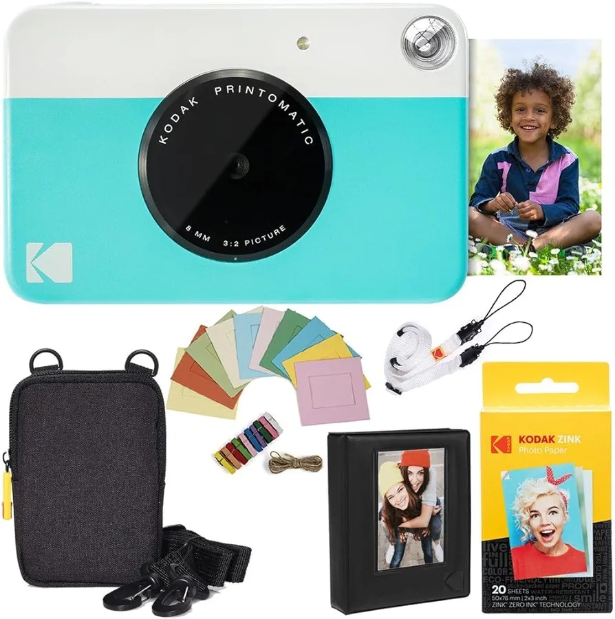 KODAK: Paquete cámara instantánea Printomatic (Azul) + Papel Zink (20 Hojas) + Funda álbum de Fotos + Marcos para Colgar + cómoda