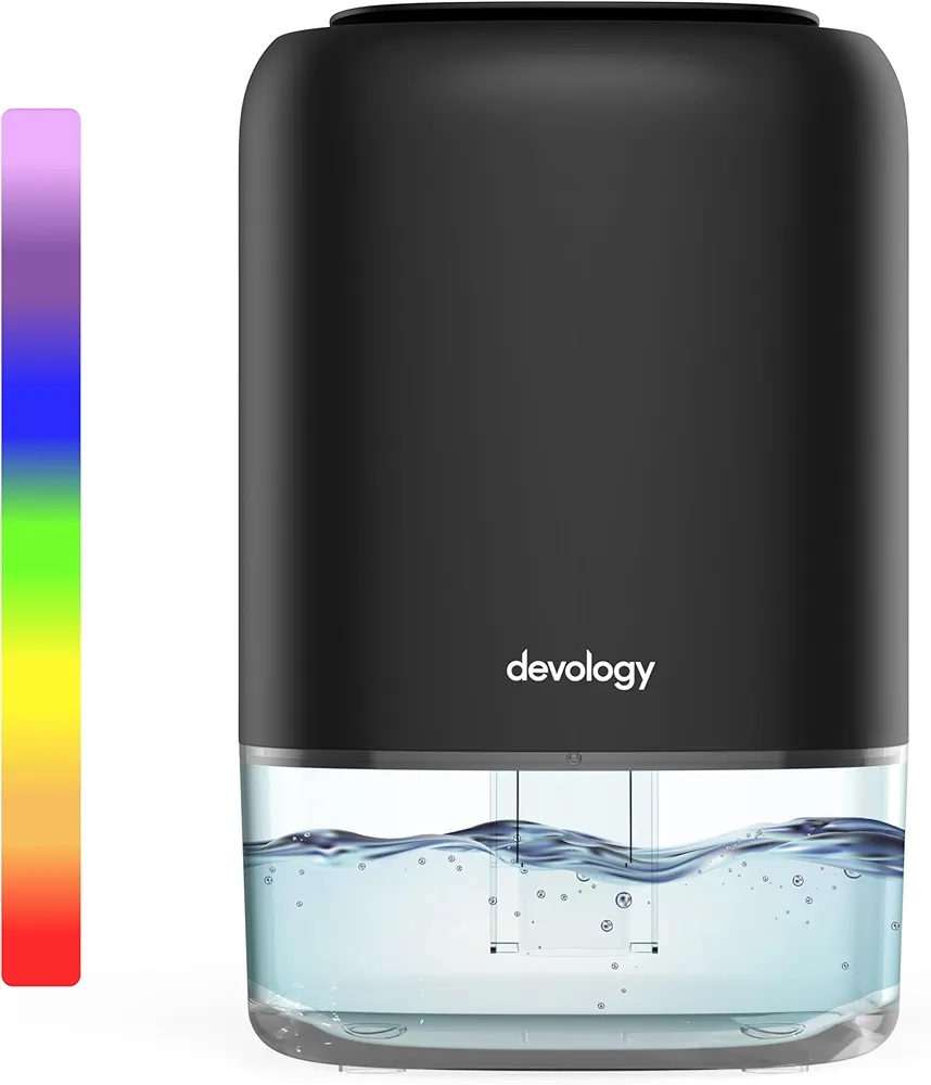 Devology Mini Deshumidificador Portátil Compacto 1100ml - Eléctrico y Energéticamente Eficiente - Eliminador de Moho, Humedad y Condensación - Super Silencioso <30dB 7 Colores LED para Luz de Ambiente