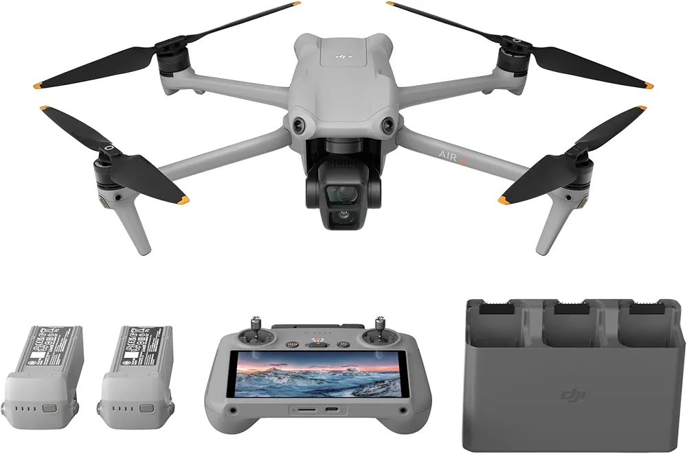 DJI Pack Air 3 Vuela Más con DJI RC 2 (control remoto con pantalla), dron con doble cámara 4K HDR con gran angular y teleobjetivo medio, 46 min de tiempo máx. de vuelo, O4, dos baterías adicionales