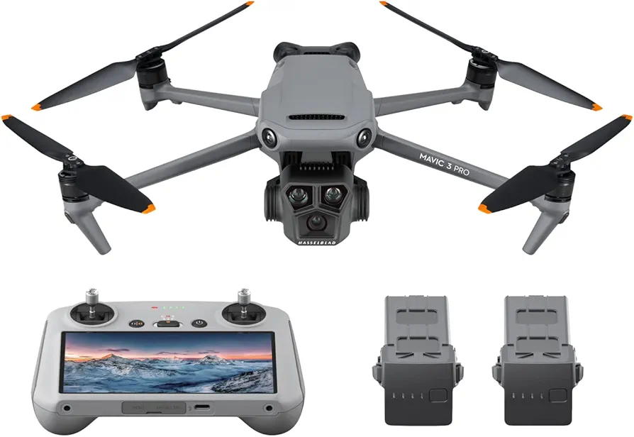 DJI - Pack Mavic 3 Pro Vuela Más con RC (control remoto con pantalla), dron insignia de tres cámaras con cámara Hasselblad con CMOS 4/3, transmisión de vídeo HD a 15 km, tres baterías