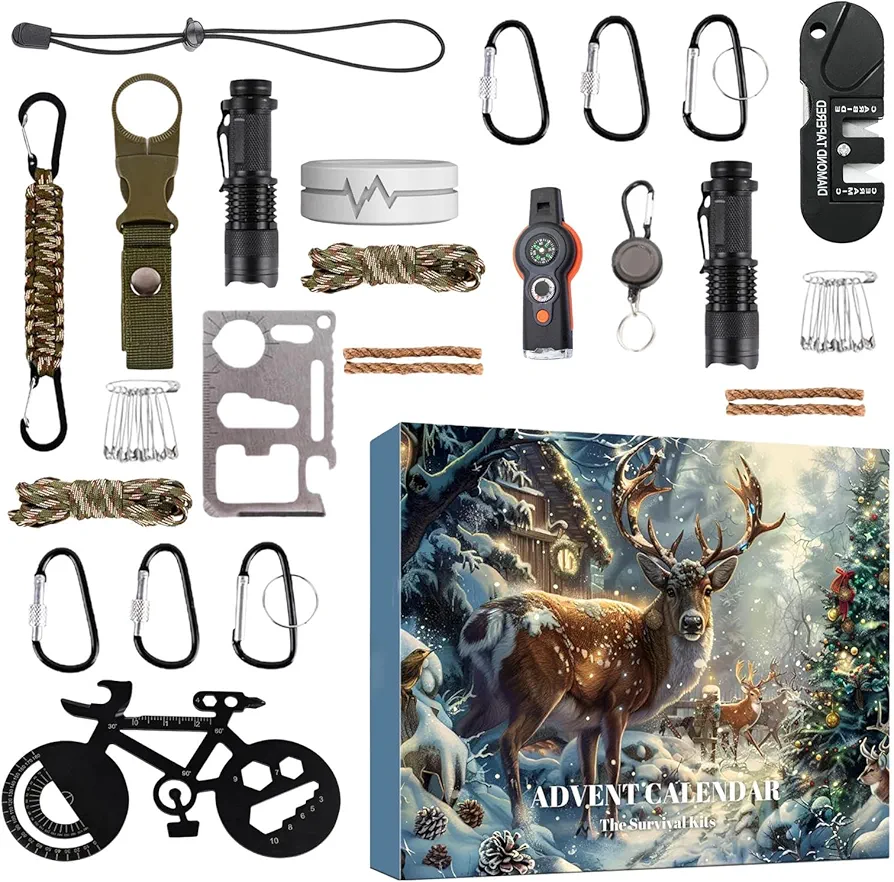 Kit de supervivencia Calendario de Adviento para hombre, Calendario de cuenta regresiva de herramientas de supervivencia de 24 Días de Navidad,Gadgets de supervivencia al aire libre para escaladores,