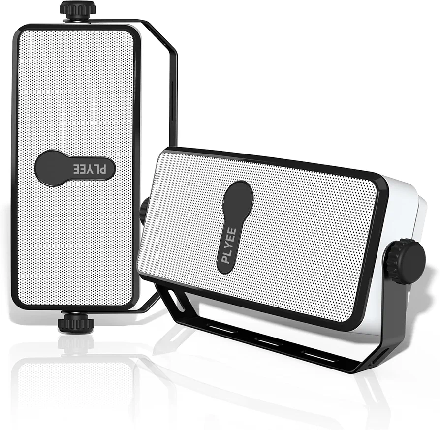 Plyee Audio Altavoz Bluetooth Exterior IPX5, Impermeable, Sincronización con 100 Altavoces, Montaje en Pared, Compatible con Teléfono, PC, Echo Dot, para Patio, Porche, Garaje, Par (MZ-511)