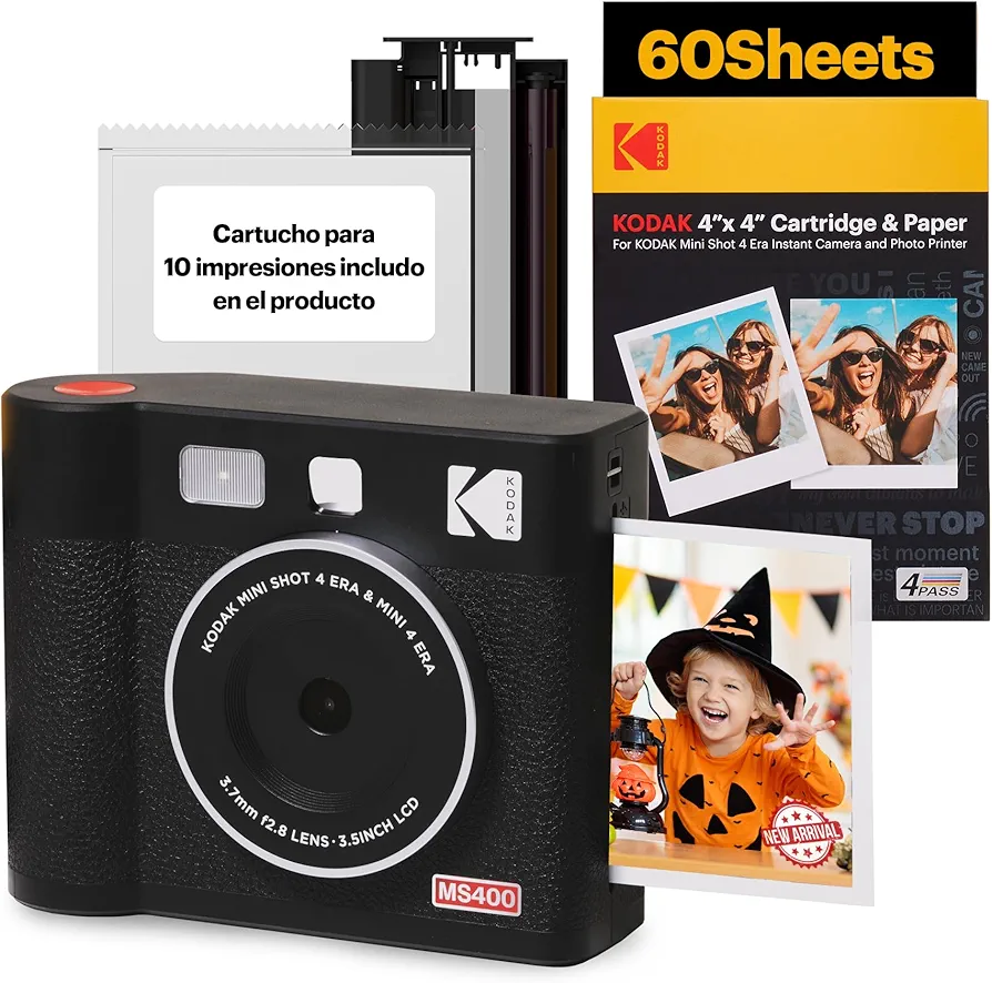 KODAK Mini Shot 4 ERA 4PASS 2-en-1 Cámara Instantánea e Impresora de Fotos (10x10cm) (Cámara + Pack con 68 Hojas (8 Hojas Iniciales + 60 Hojas), Negro)