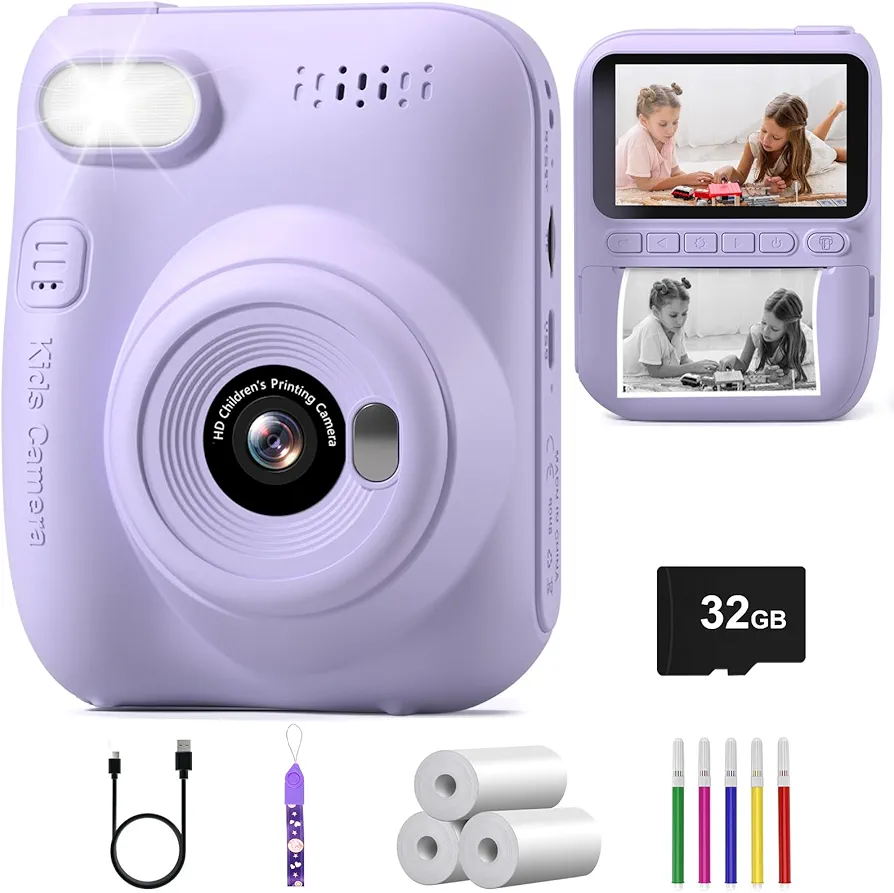 Hangrui Camara Fotos Infantil Instantanea, 3.0" HD 1080P Camara Fotos Infantil con Tarjeta de 32G, Cámara Instantánea para Niños con Papel de Impresión y Bolígrafos de Colores, Regalos Juguete