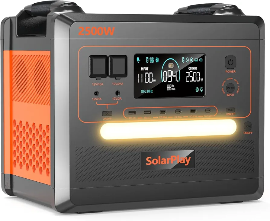 SOLARPLAY Estacion de Energia Portatil 2500W, 2300Wh Generador Solar con Batería LiFePO4, Salida 12 Puertos, Power Station Portable para Camping, Autocaravana, Emergencia (Q2402M)