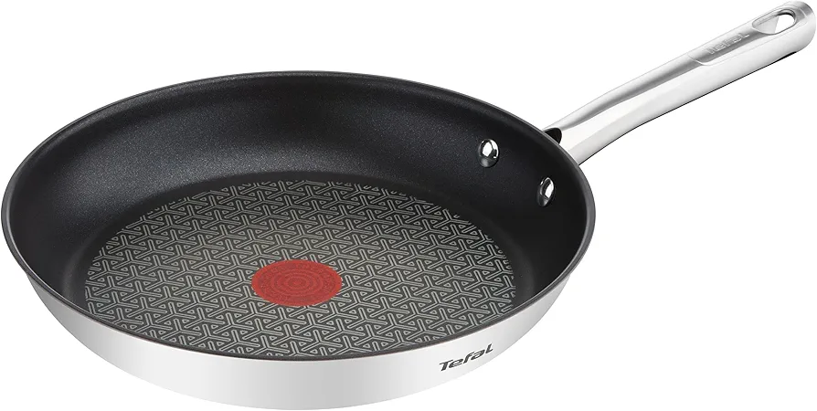 Tefal Duetto - Sartén 28 cm de acero ioxidable, revestimiento antiadherente Power Resist, base inducción y alto impacto, Thermo-Spot, mango robusto, limpieza fácil, sin PFOA