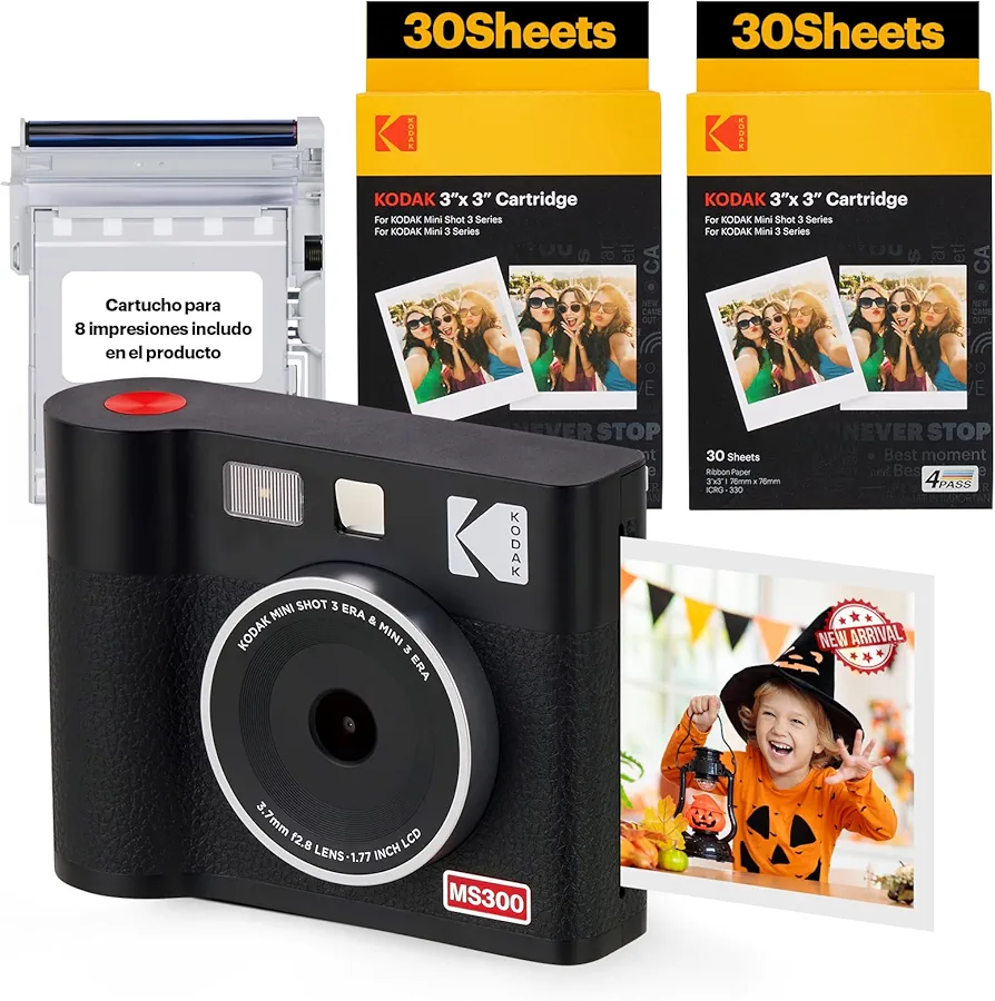 KODAK Mini Shot 3 ERA 4PASS 2-en-1 Cámara Instantánea e Impresora de Fotos (7,6x7,6cm) (Cámara + Pack con 68 Hojas (8 Hojas Iniciales + 60 Hojas), Negro)