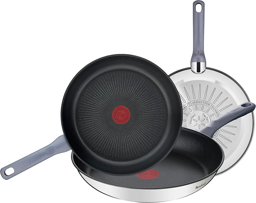 Tefal Daily Cook - Juego de 3 Sartenes de 20, 24 y 26 cm de acero inoxidable, sartenes antiadherentes, tecnología Thermospot, cocción uniforme, todo tipo cocinas, sin PFOA, color negro