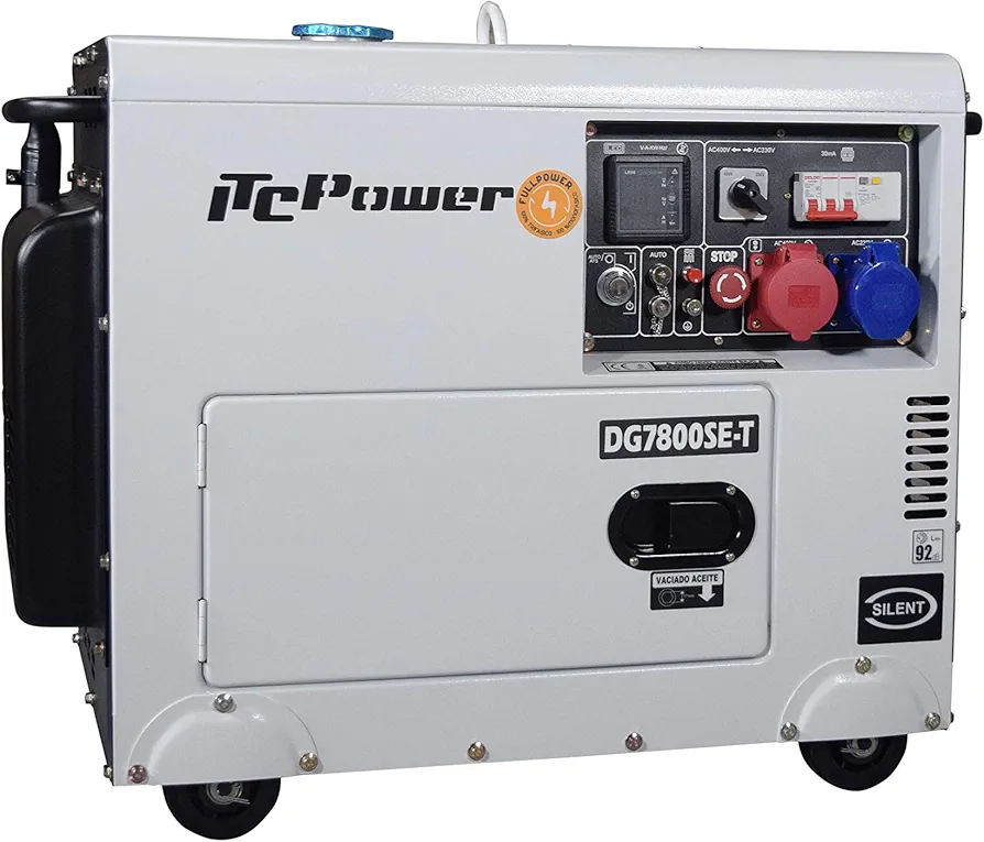 ITCPower-Generador eléctrico diésel insonorizado Full Power Trifásico y monofásico, potencia máxima 7,9KVA(400V)-5,6KW(230V), dispone de ATS-para emergencias, apoyo solar o caída de red. DG7800SET