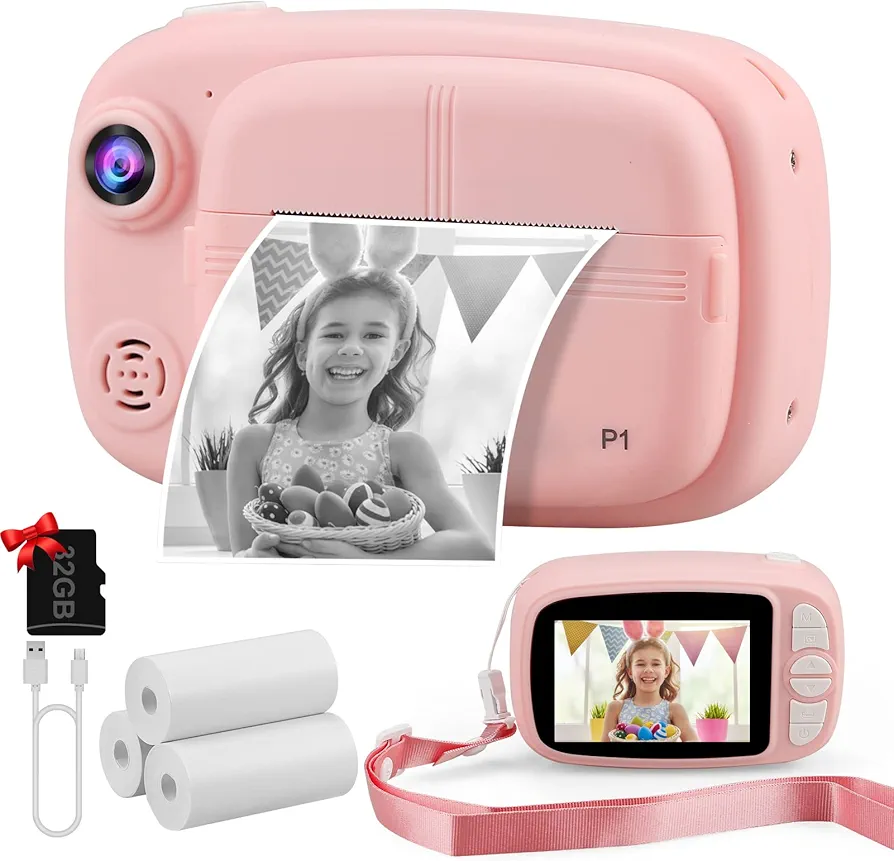 Misilmp Cámara Instantánea Niños, 3,5" 1080P Cámara Fotos Infantil con 4 Rollos de Papel de Impresión y Tarjeta SD de 32GB, 12MP Instantáneas Cámaras Niña para 3 a 14 Años Regalos Juguete (Rosa)