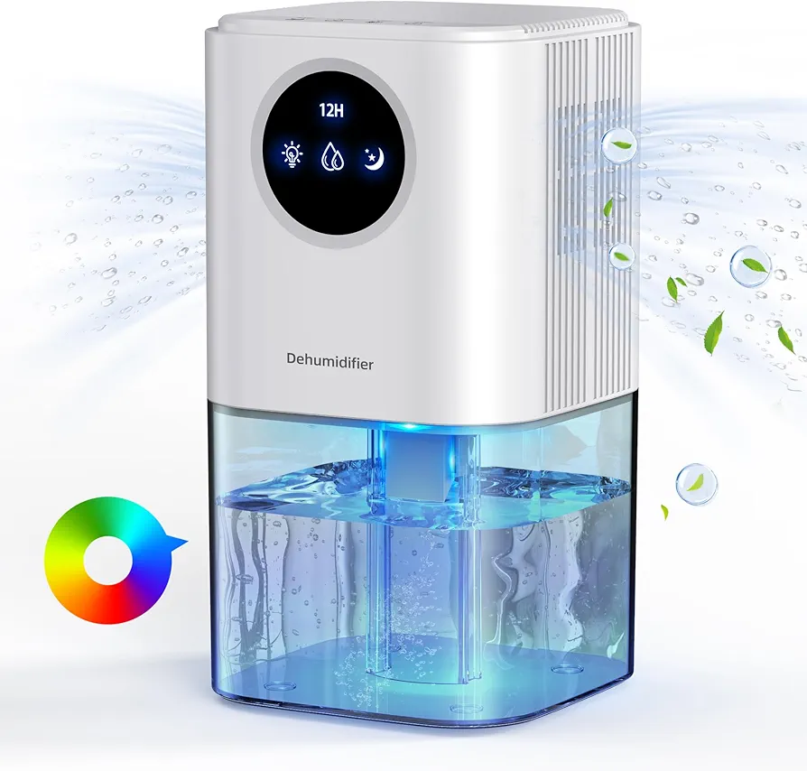 Deshumidificador Silencioso Bajo Consumo, ANOEPUY 1.7L Deshumificador Pequeño Portatil con Temporizador y Luz LED de 7 Colores, Electrico Desumidifador para Baño Habitacion, Apagado Automático-Blanco