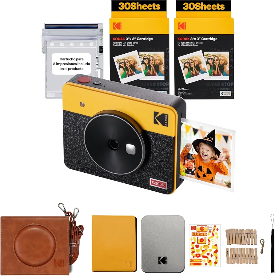 KODAK Mini Shot 3 Retro 4PASS 2 en 1 Cámara instantánea e Impresora fotográfica portátil (7,6 x 7,6 cm) + Caja de Regalo con 60 Hojas, Color Amarillo