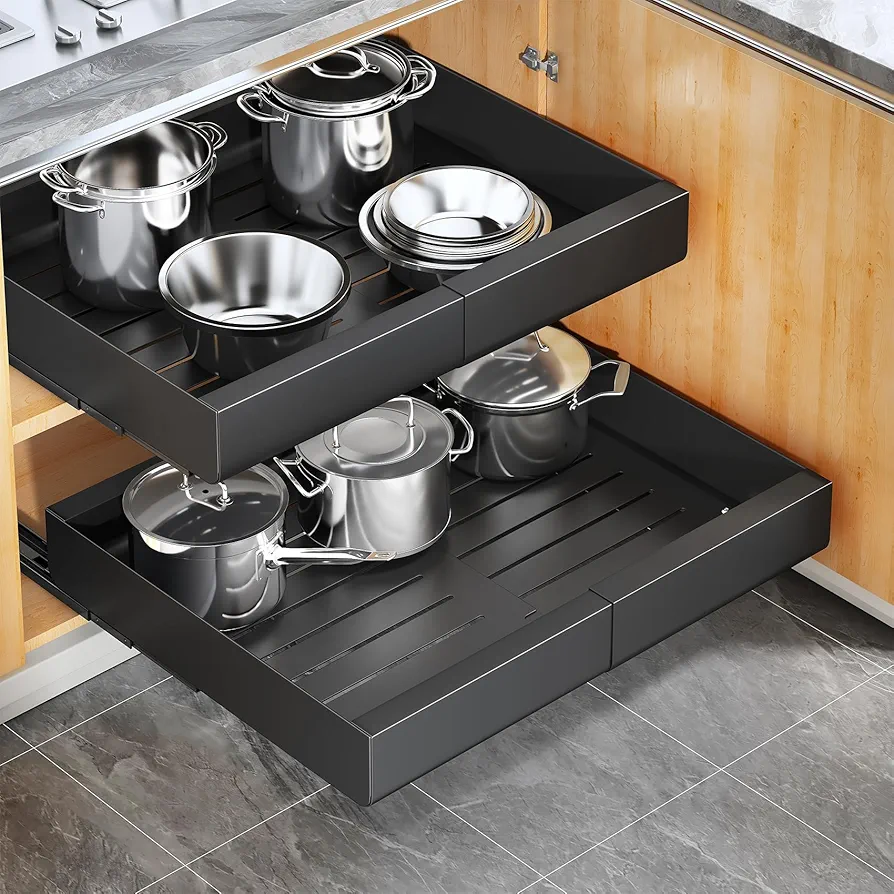 Kitstorack Cajón Telescópico, Ampliable Cajón Deslizante Para Alacena, Cajón de Cocina Extensible Mueble Desplegable Con Película Adhesiva, 30-50 cm W x 43 cm D x 5.9 cm H, Negro