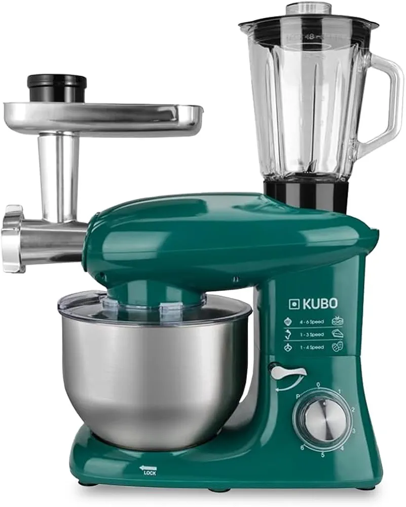 Kubo - Robot de Cocina - 7 Accesorios: Vaso de Licuadora, Picadora de Carne, Tazón Grande, Tapa Protectora, Batidor, Batidora y Amasadora - Color: Verde - Capacidad: 6 litros